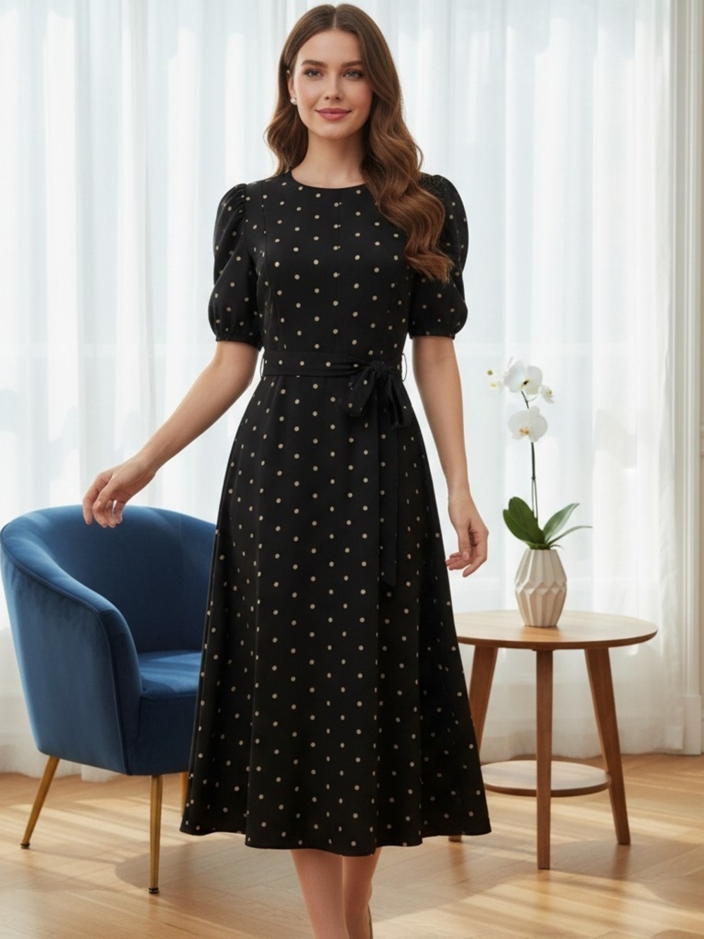 DKNY Navy Polka Dot Scuba Puff Sleeve Fit & Flare Belted Midi Dress Size 10